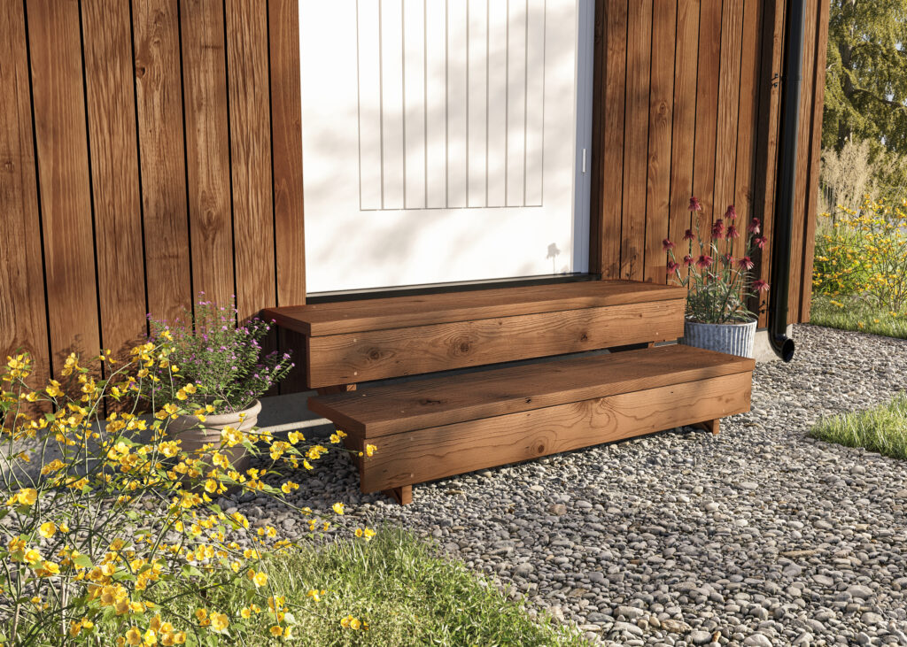 3D visualisering av Talgøs kjapptrapp-konsept. Visualiseringen viser en brun trapp med to trinn som leder opp til en hvit verandadør. Utemiljø med grus, gress og planter i krukker.